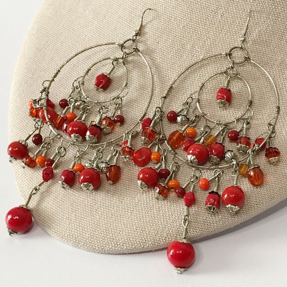 Chandelier Double Hoop Glass Bead Drop Oversized Statement Boho Tribal Earrings - Picture 10 of 13